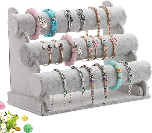 Triple Bracelet Holder Jewelry Display Stand Watch Bangle Bar Necklace Storage Organizer Gray ( Ice Velvet 3 Tier )